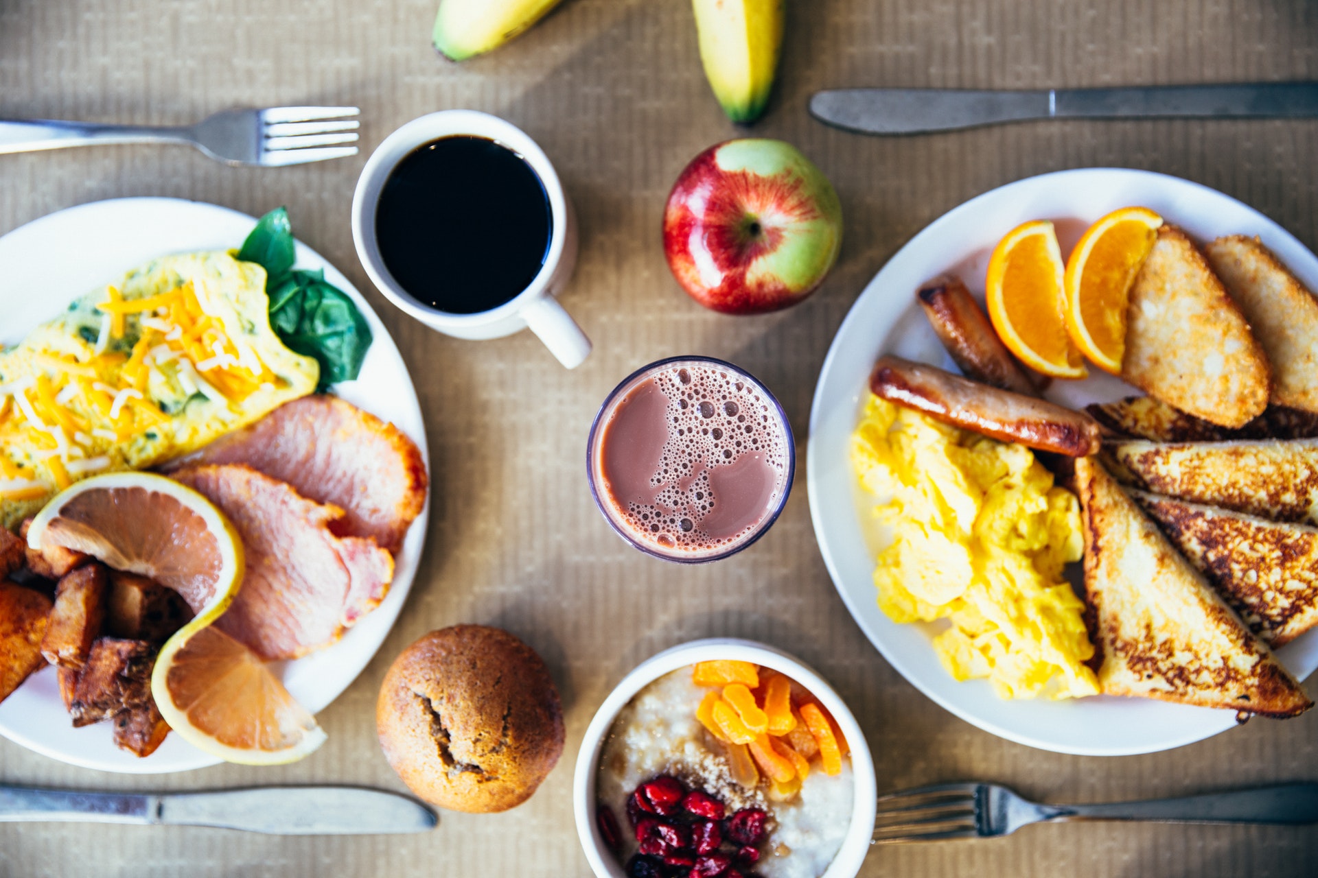 Breakfast dishes hashbrowns scrambled eggs pancakes