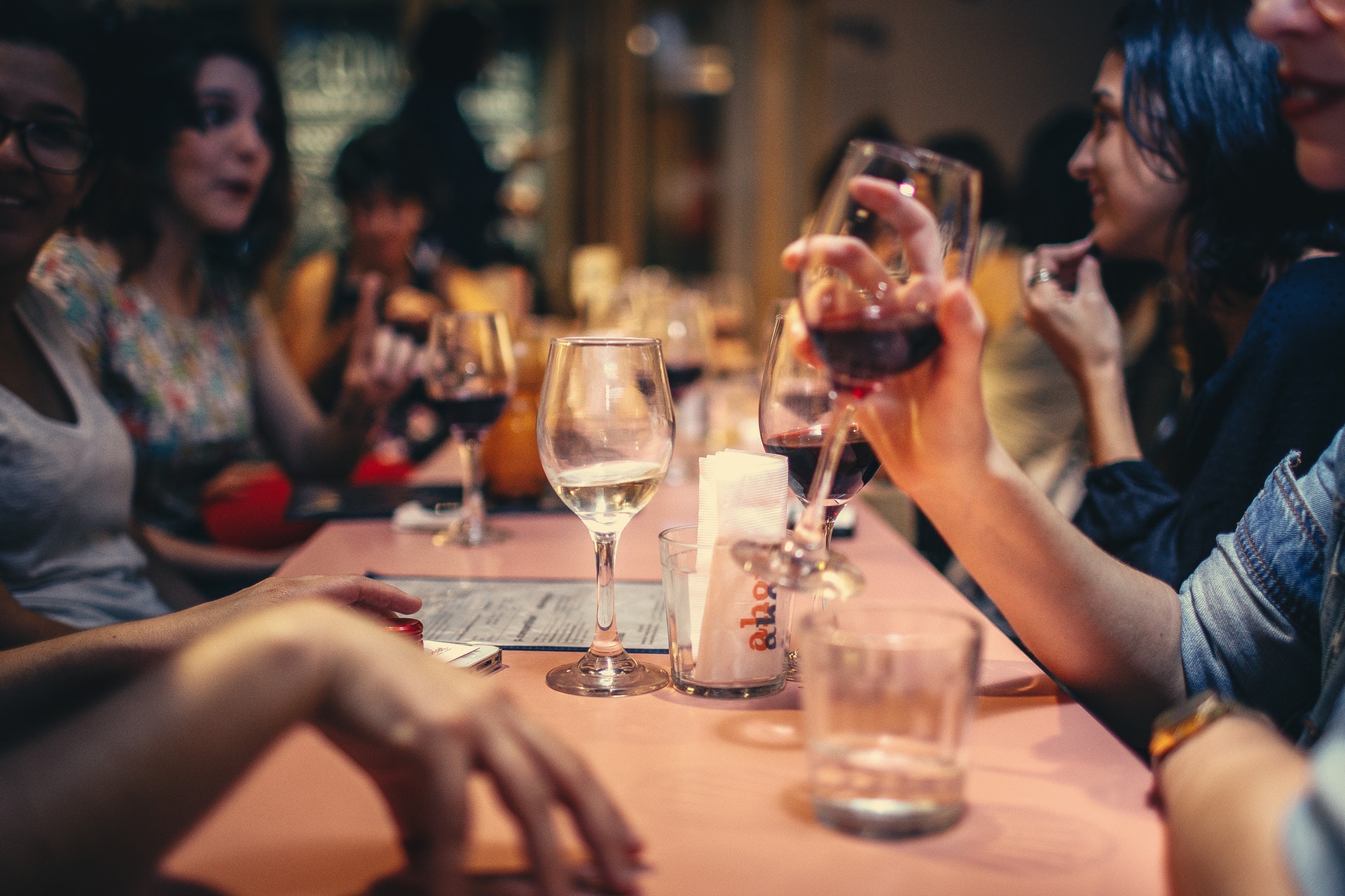 Group of single women drinking wine at a restaurant