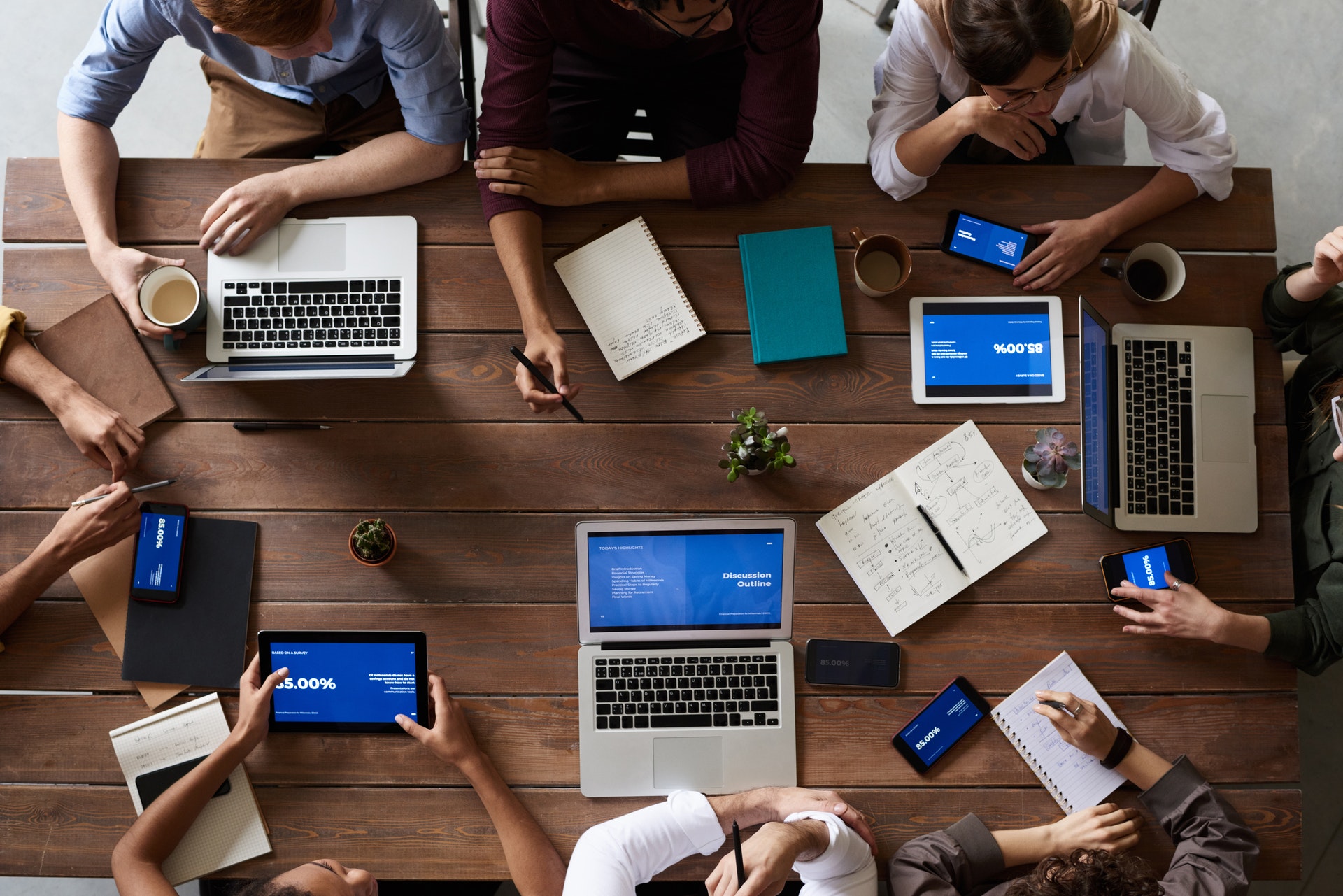 Real estate team gathered around a desk to discuss strategy